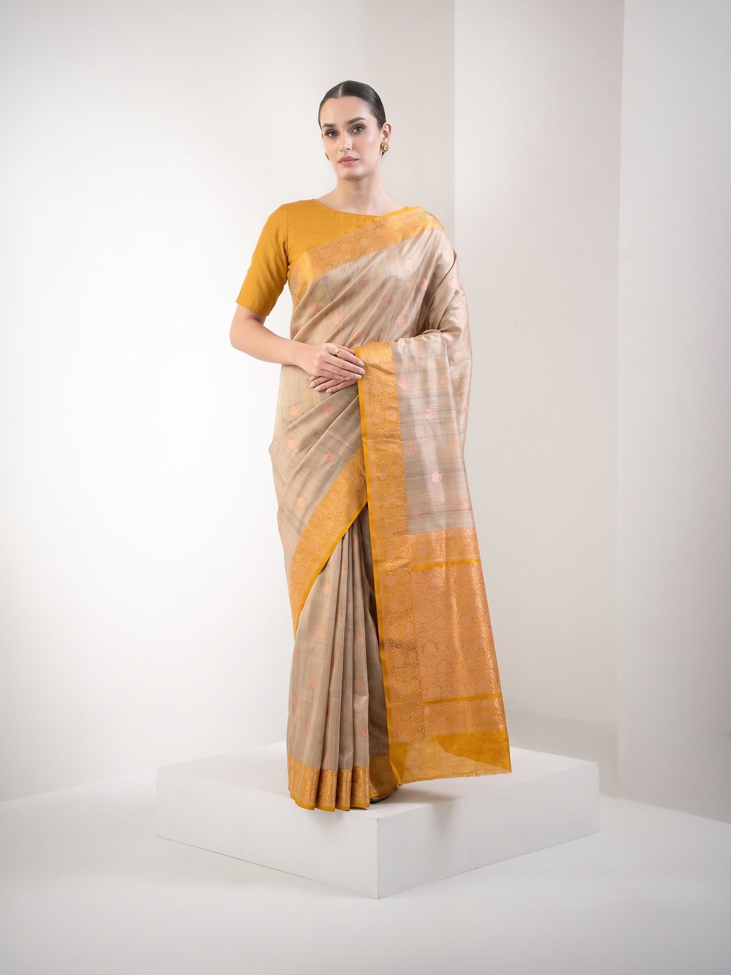 Beige Mustard Booti Tussar Silk Handloom Banarasi Saree - Sacred Weaves