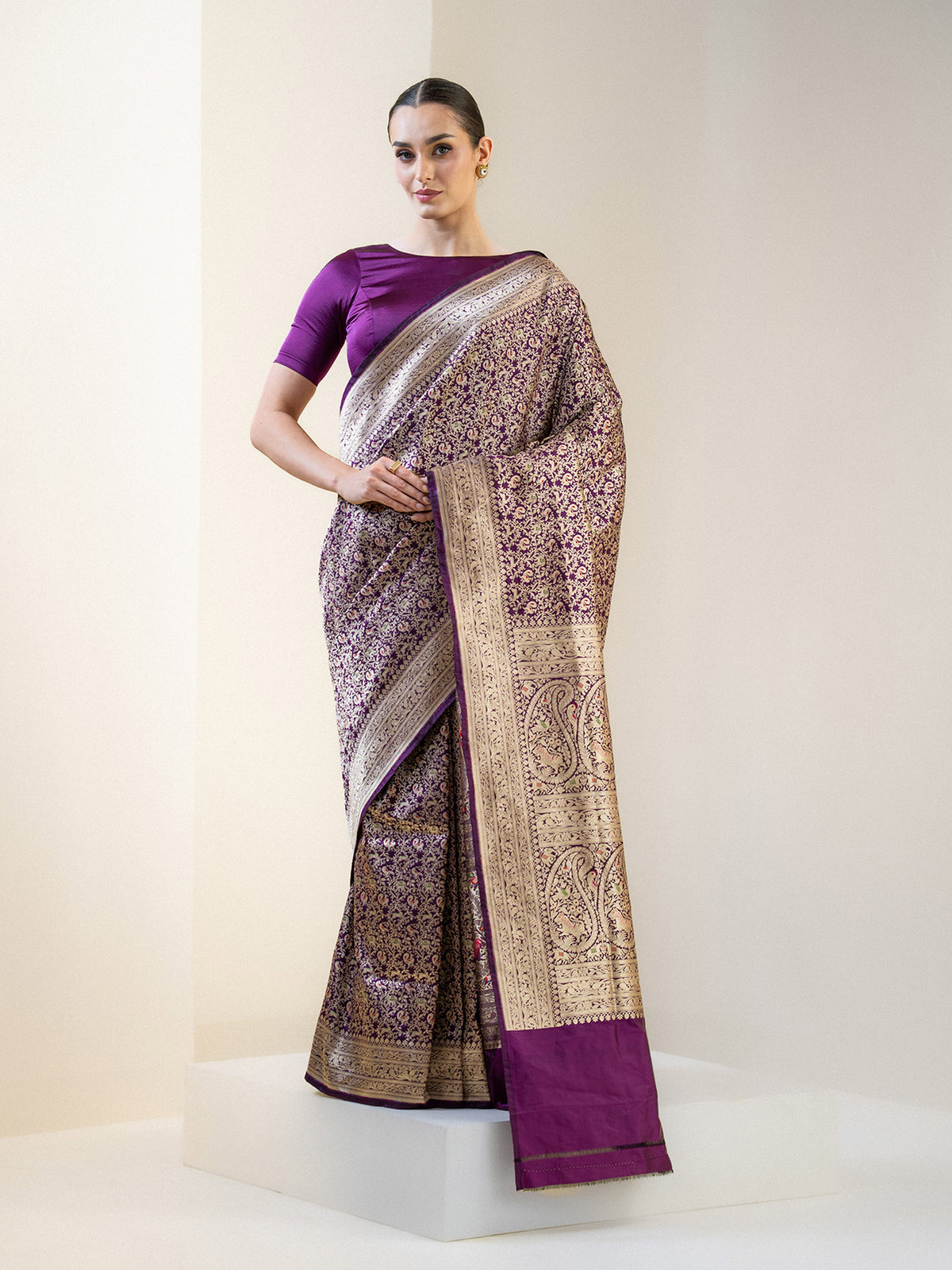 Dark Purple Shikargah Katan Silk Handloom Banarasi Saree
