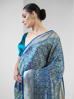 Blue Green Shikargah Katan Silk Handloom Banarasi Saree - Sacred Weaves