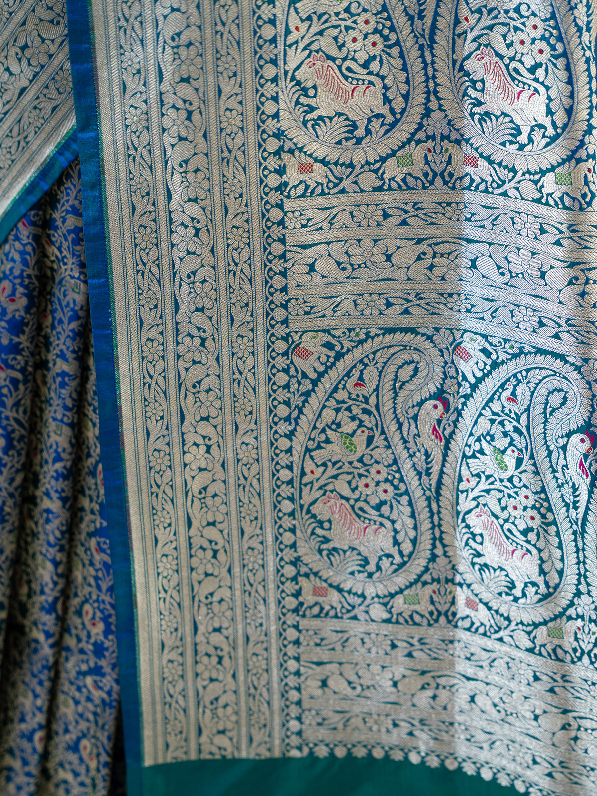 Blue Green Shikargah Katan Silk Handloom Banarasi Saree - Sacred Weaves