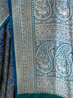 Blue Green Shikargah Katan Silk Handloom Banarasi Saree - Sacred Weaves