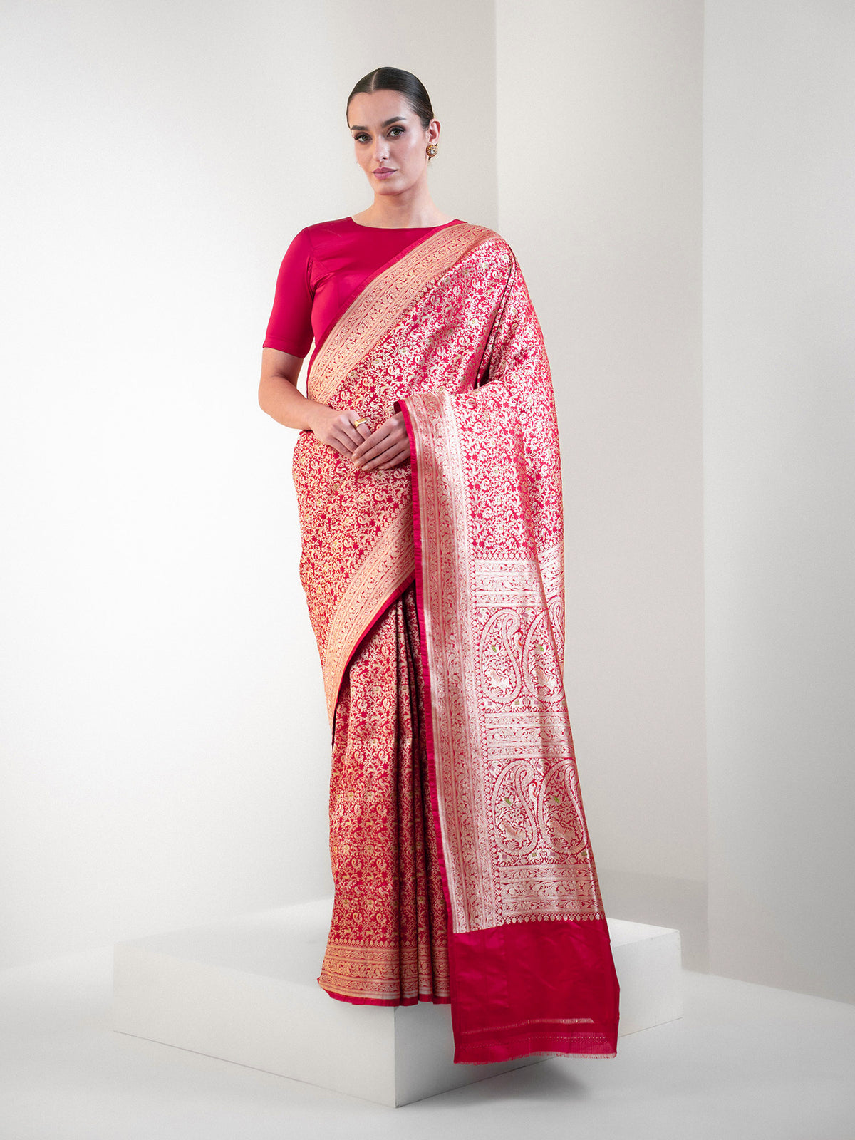 Dark Pink Shikargah Katan Silk Handloom Banarasi Saree - Sacred Weaves