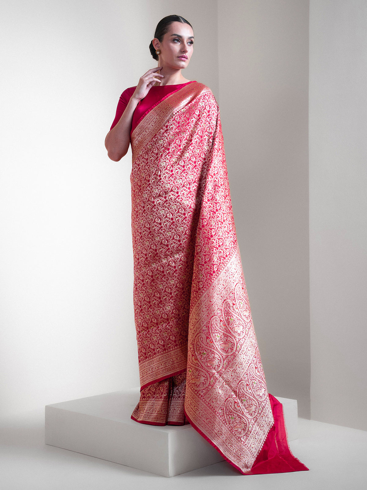 Dark Pink Shikargah Katan Silk Handloom Banarasi Saree - Sacred Weaves