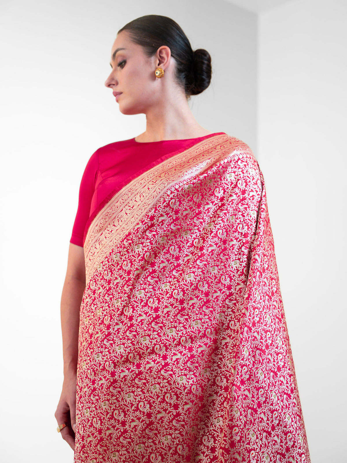 Dark Pink Shikargah Katan Silk Handloom Banarasi Saree - Sacred Weaves