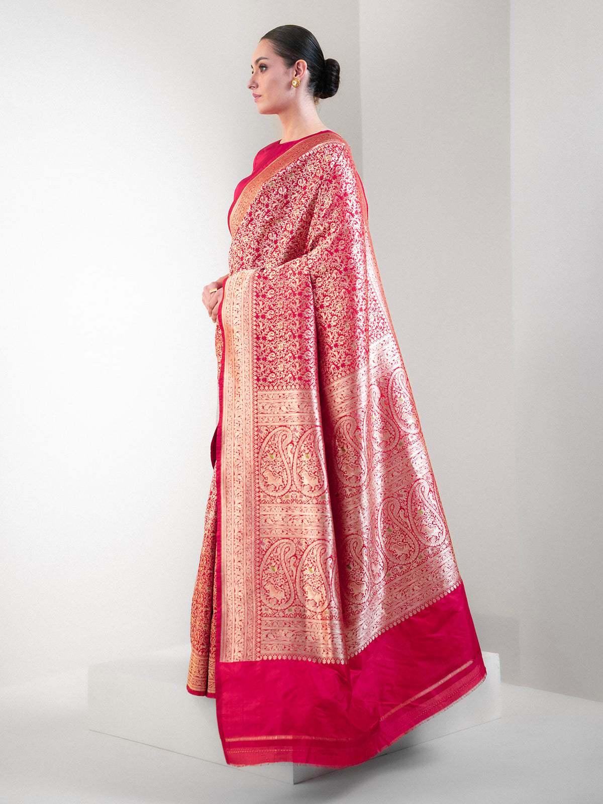 Dark Pink Shikargah Katan Silk Handloom Banarasi Saree - Sacred Weaves