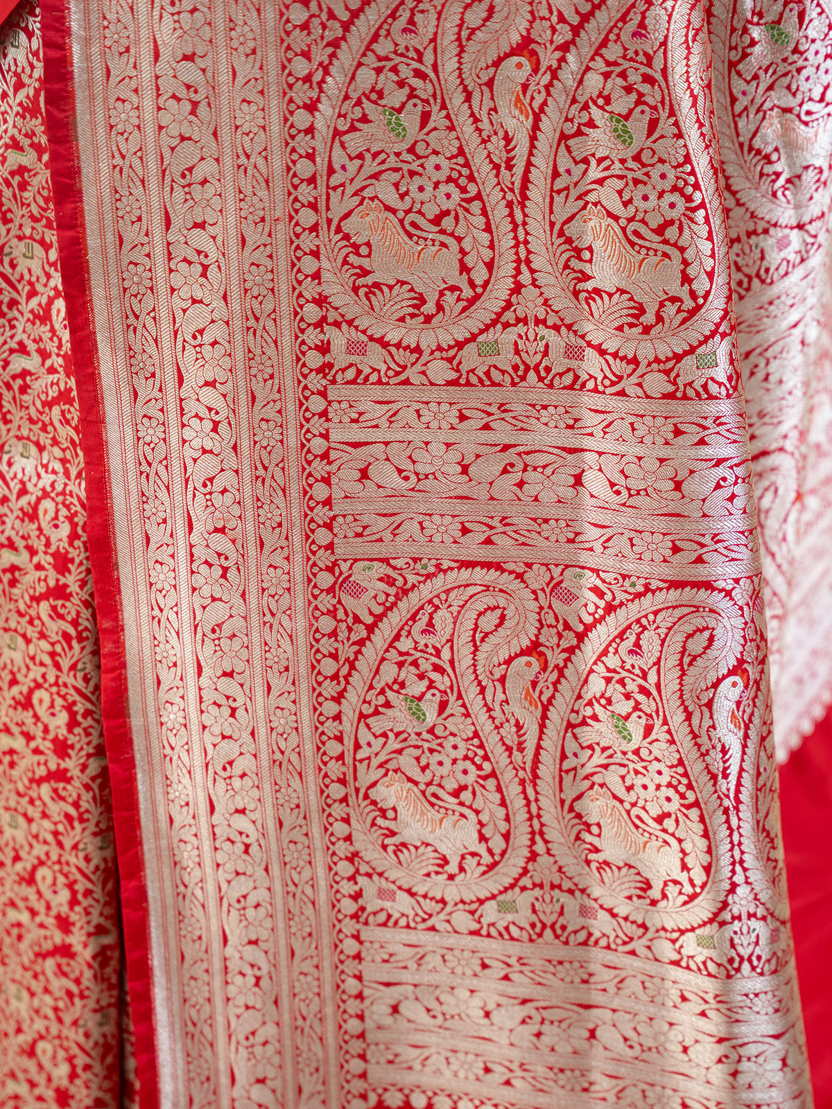 Red Shikargah Katan Silk Handloom Banarasi Saree - Sacred Weaves