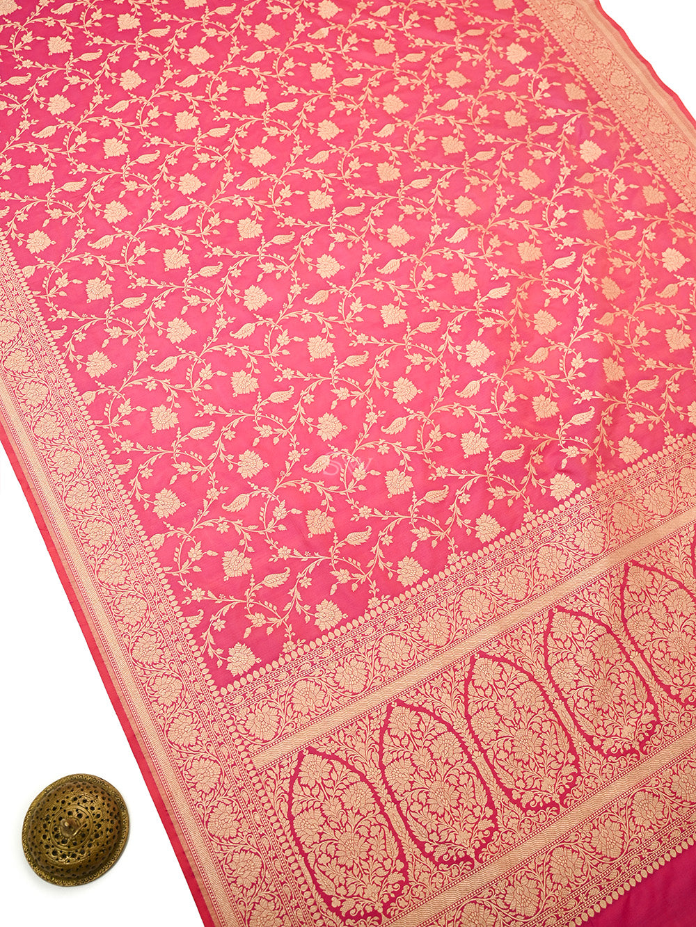 Pink Jaal Katan Silk Uppada Handloom Banarasi Saree - Sacred Weaves