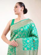 Aqua Green Jaal Katan Silk Uppada Handloom Banarasi Saree - Sacred Weaves