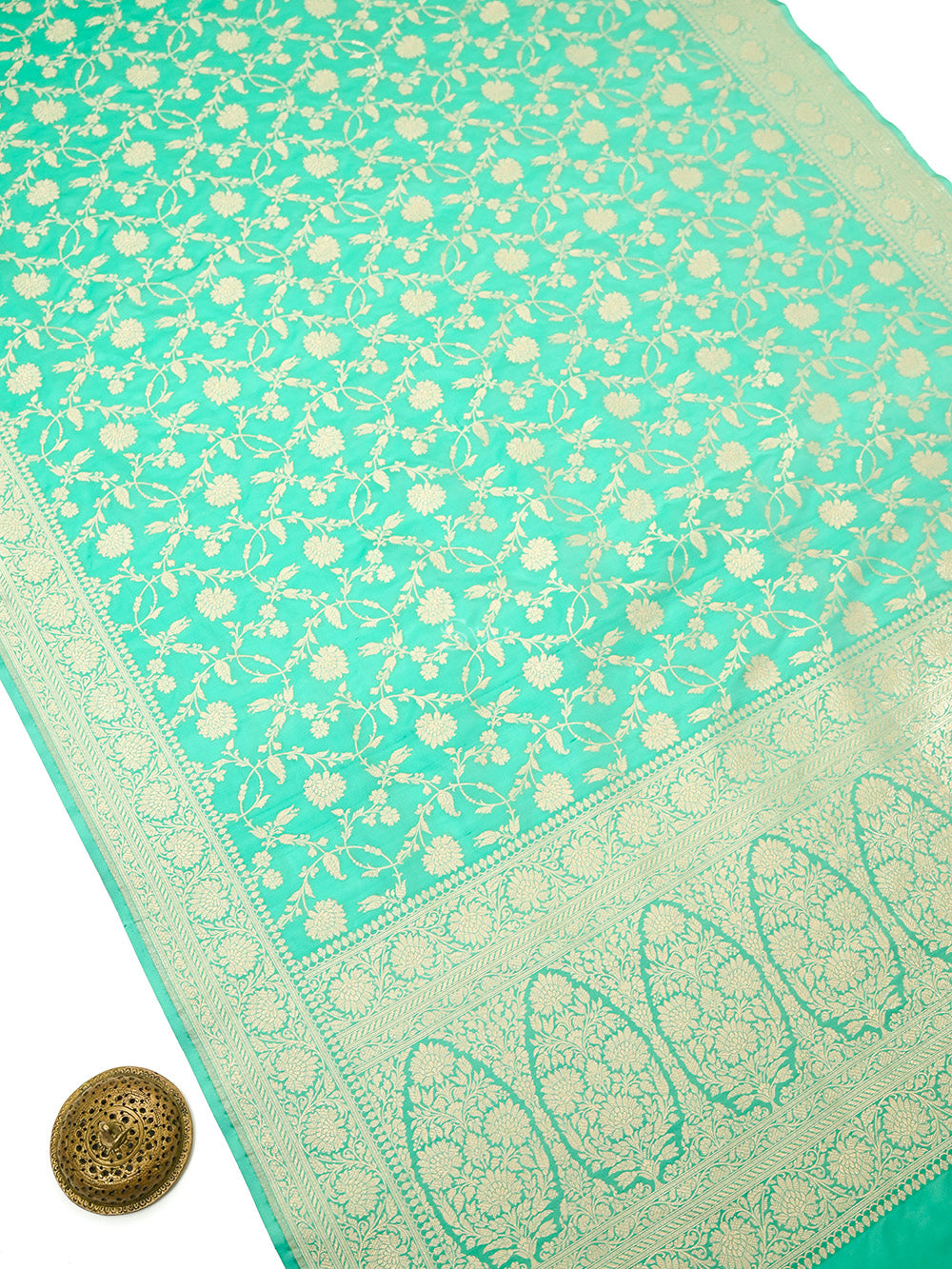 Aqua Green Jaal Katan Silk Uppada Handloom Banarasi Saree - Sacred Weaves