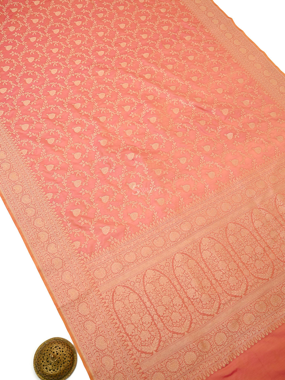 Pink Orange Jaal Katan Silk Uppada Handloom Banarasi Saree - Sacred Weaves