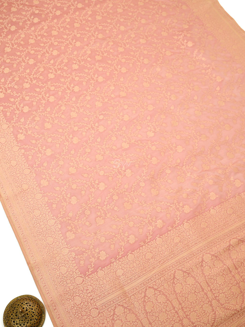 Pastel Pink Jaal Katan Silk Uppada Handloom Banarasi Saree - Sacred Weaves