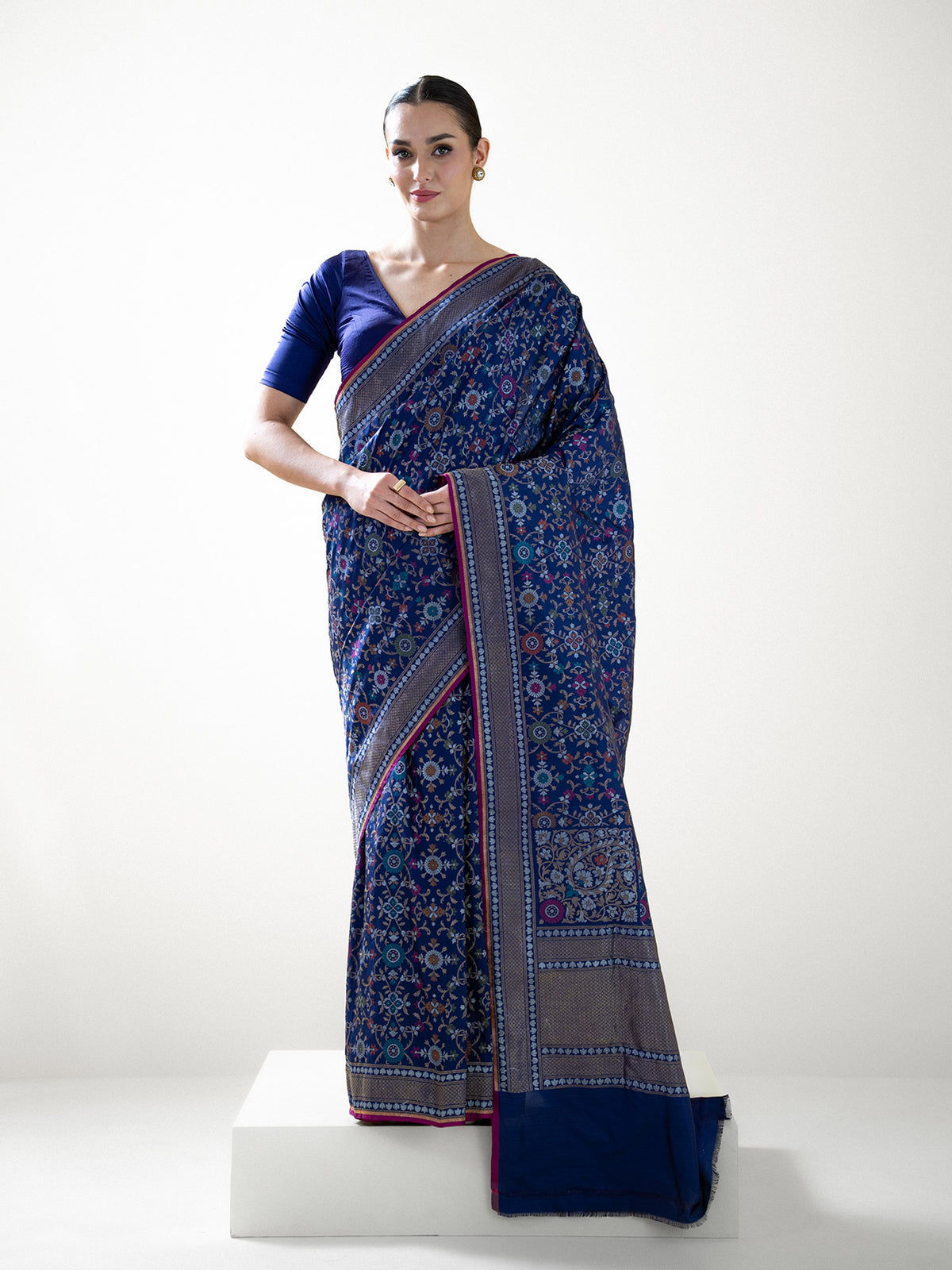 Navy Blue Sona Roopa Jaal Katan Silk Handloom Banarasi Saree - Sacred Weaves