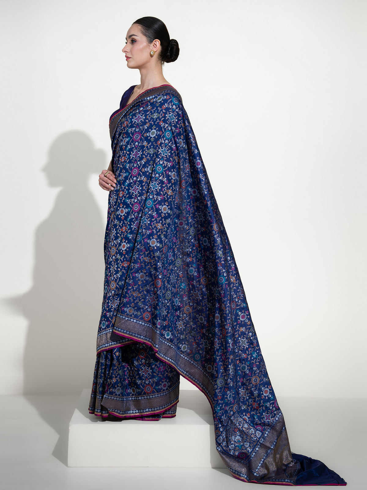 Navy Blue Sona Roopa Jaal Katan Silk Handloom Banarasi Saree - Sacred Weaves