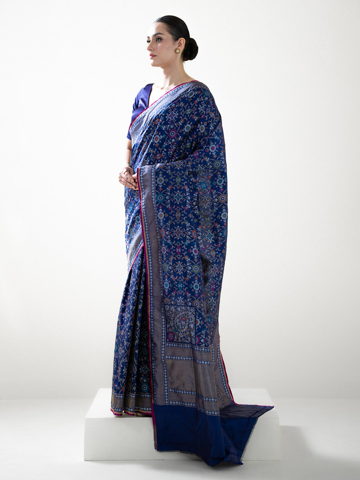 Navy Blue Sona Roopa Jaal Katan Silk Handloom Banarasi Saree - Sacred Weaves