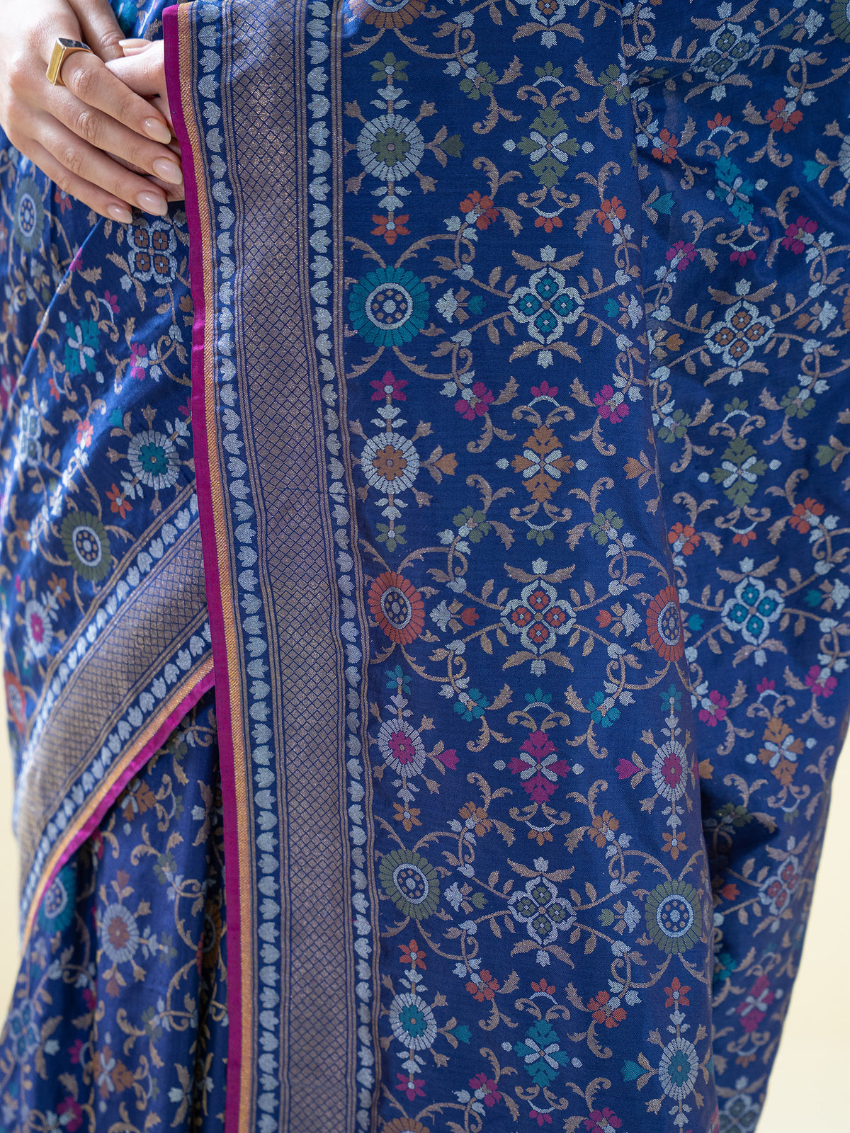 Navy Blue Sona Roopa Jaal Katan Silk Handloom Banarasi Saree - Sacred Weaves