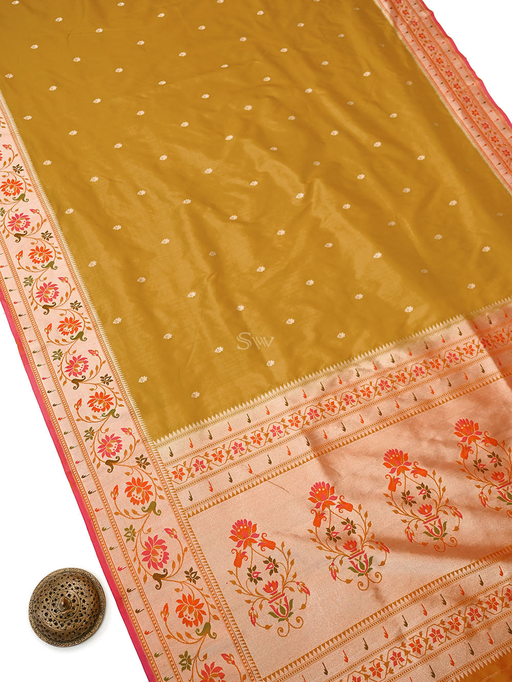 Mustard Booti Paithani Katan Silk Handloom Banarasi Saree - Sacred Weaves
