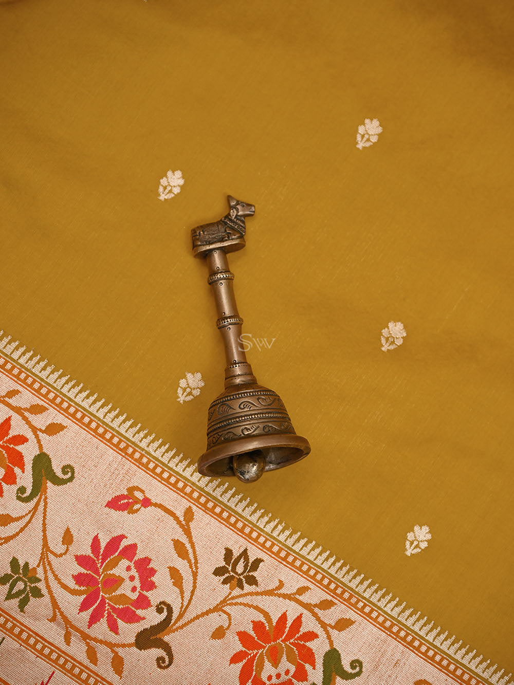Mustard Booti Paithani Katan Silk Handloom Banarasi Saree - Sacred Weaves