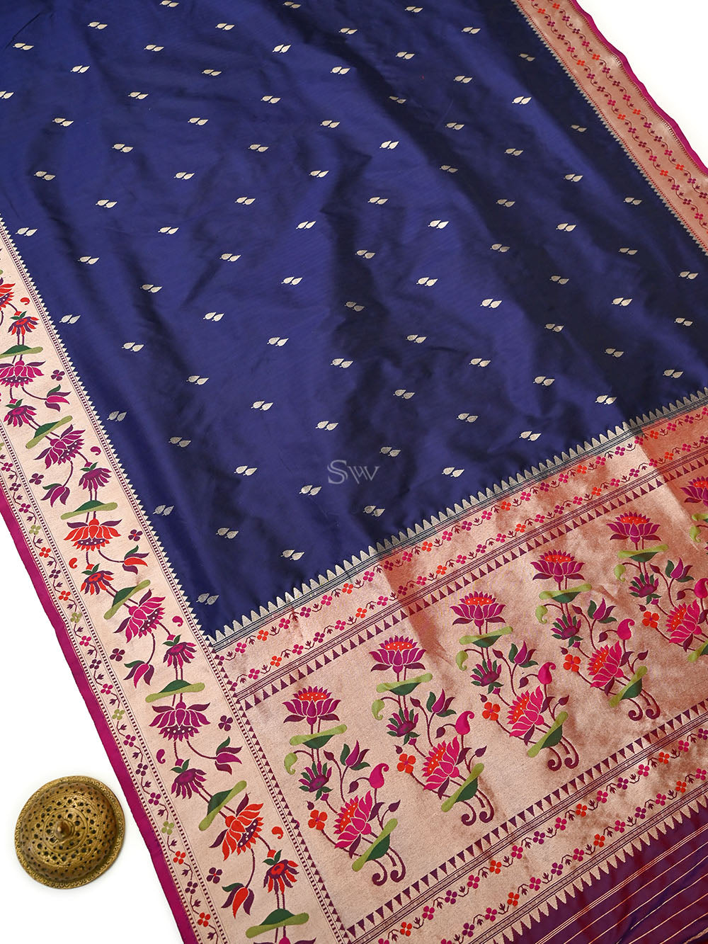 Blue Booti Paithani Katan Silk Handloom Banarasi Saree - Sacred Weaves