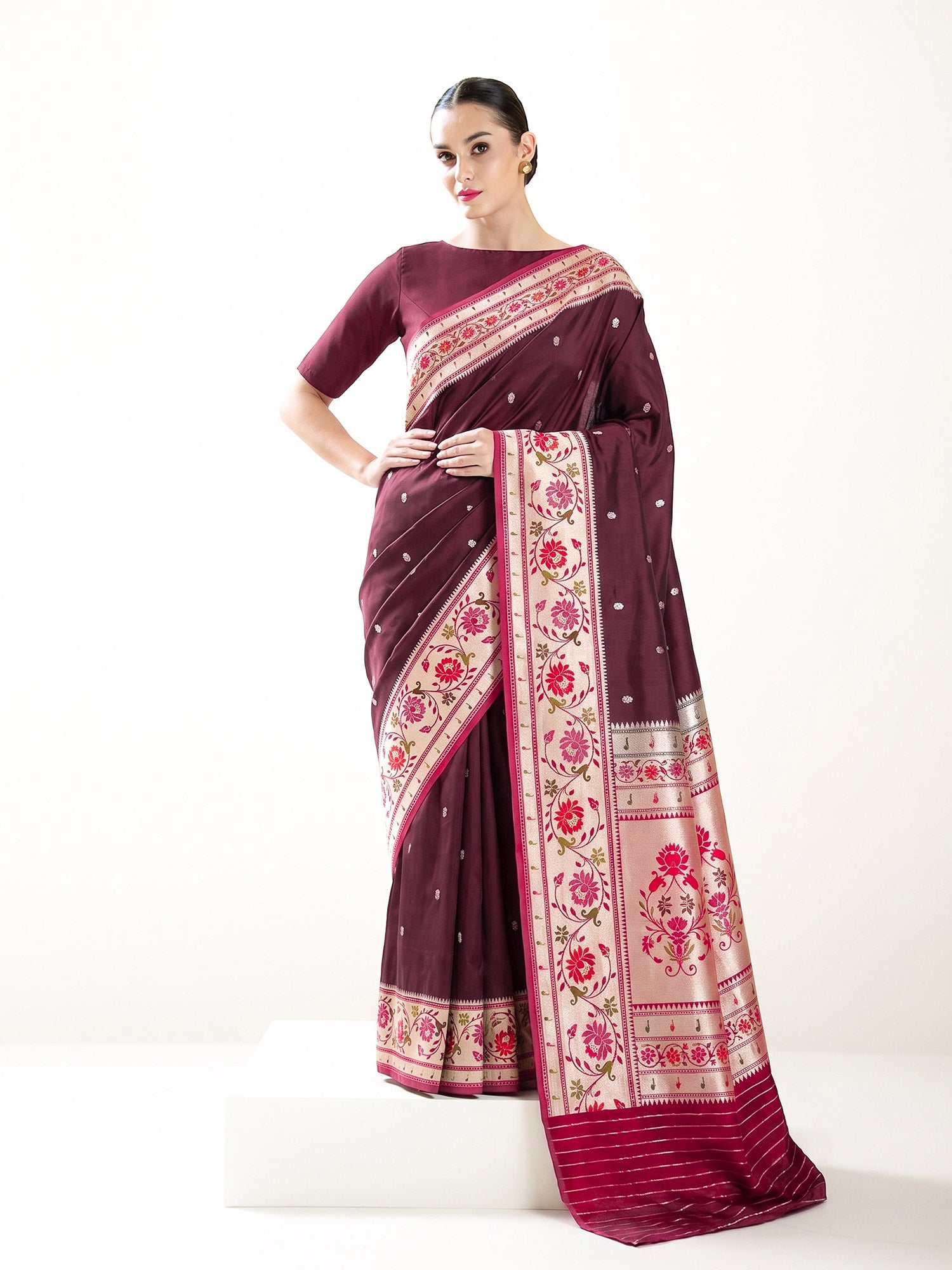 Wine Booti Paithani Katan Silk Handloom Banarasi Saree - Sacred Weaves