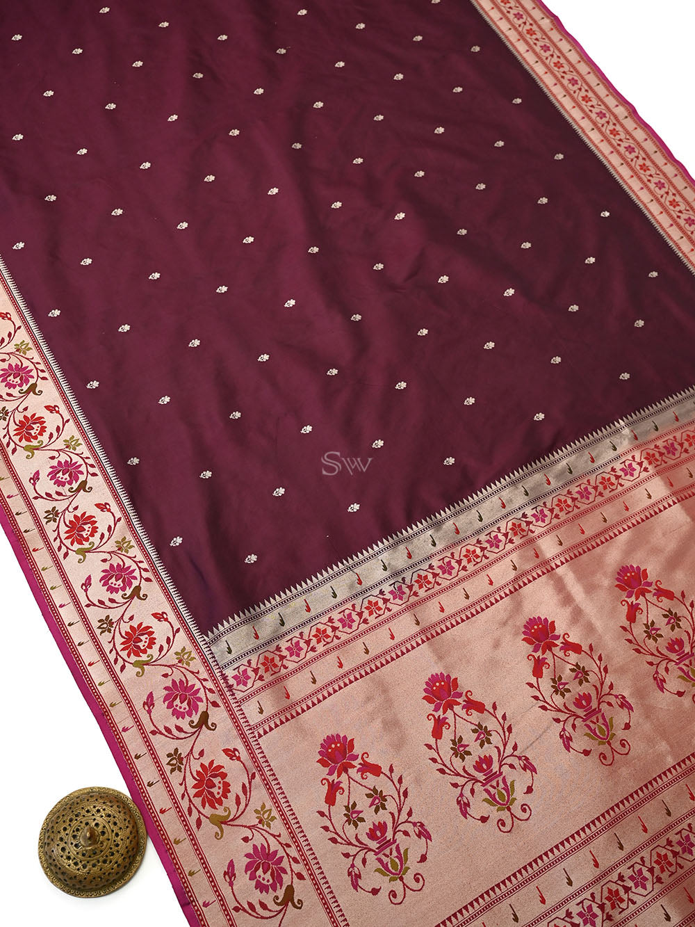 Wine Booti Paithani Katan Silk Handloom Banarasi Saree - Sacred Weaves