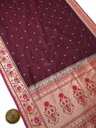 Wine Booti Paithani Katan Silk Handloom Banarasi Saree - Sacred Weaves