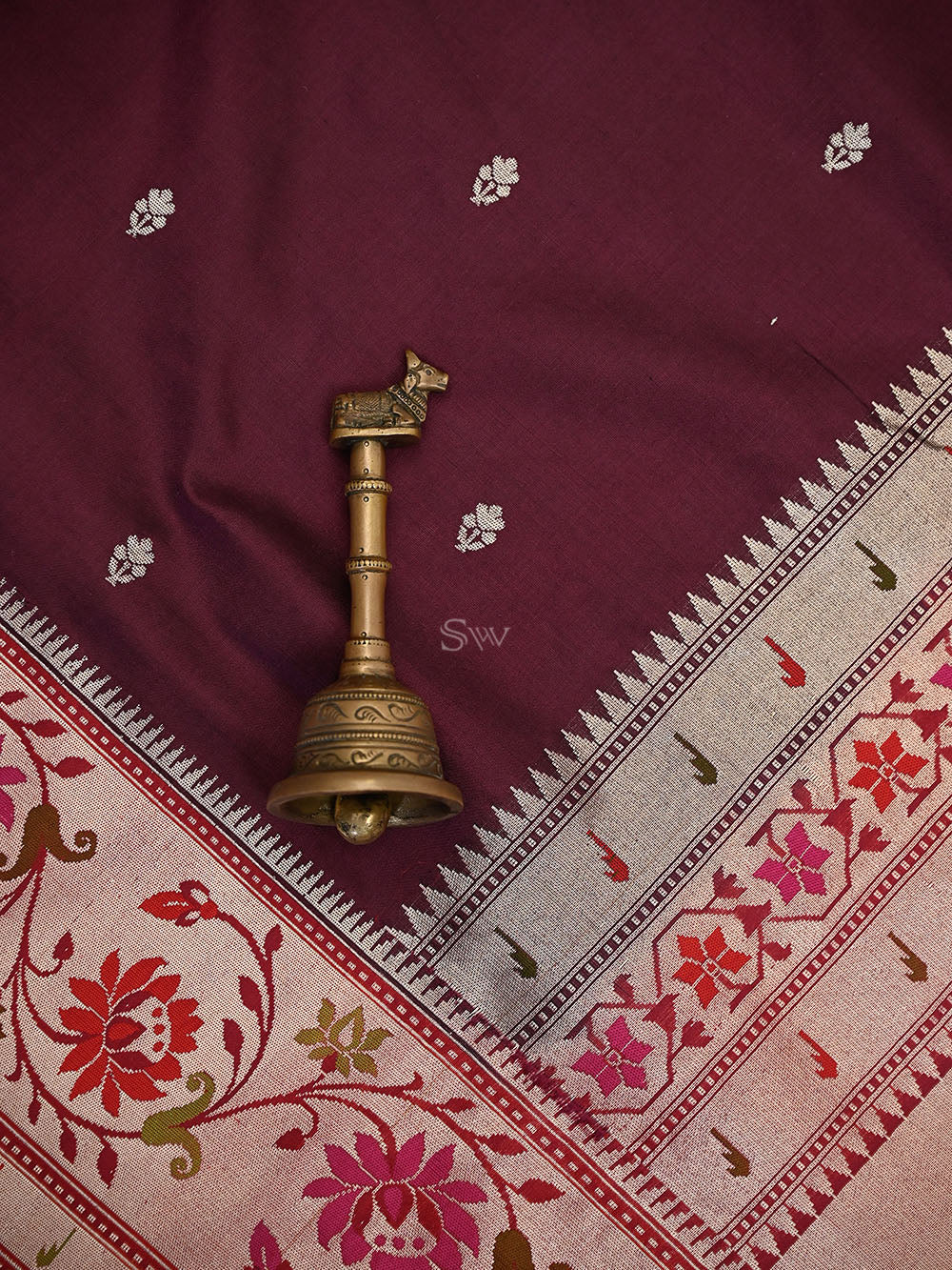 Wine Booti Paithani Katan Silk Handloom Banarasi Saree - Sacred Weaves