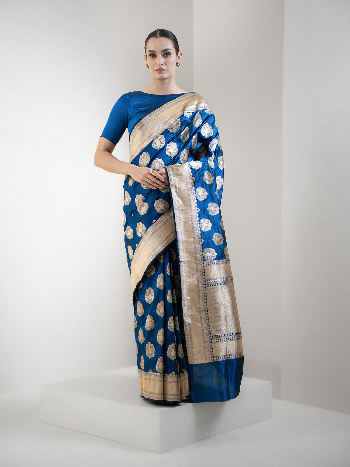 Blue Meenakari Boota Katan Silk Handloom Banarasi Saree - Sacred Weaves