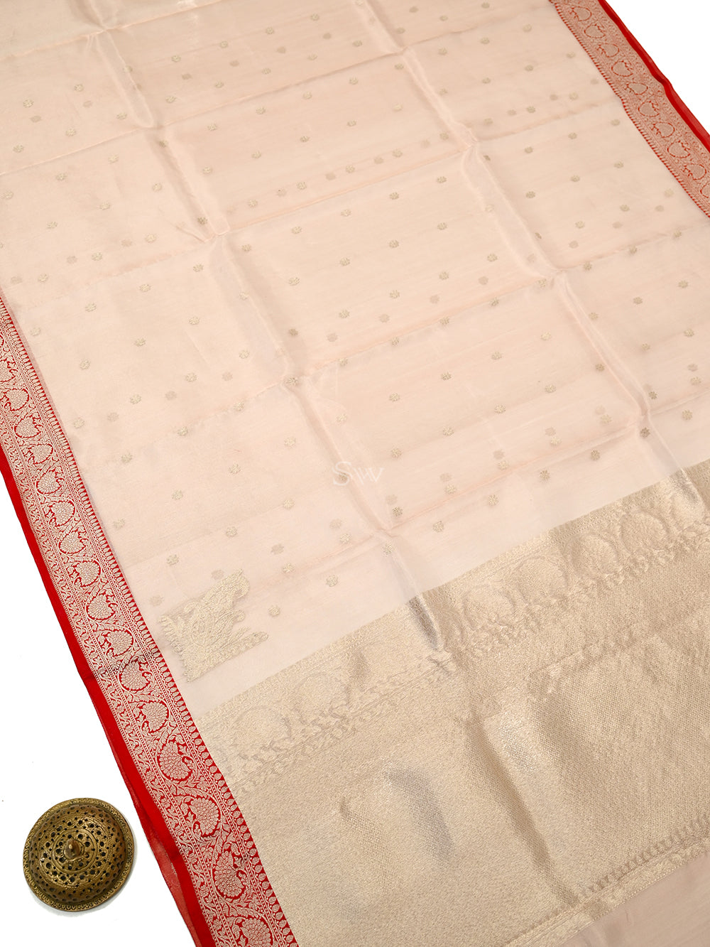 Beige Booti Organza Tissue Silk Handloom Banarasi Saree - Sacred Weaves