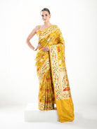 Yellow Shikargah Meenakari Katan Silk Handloom Banarasi Saree - Sacred Weaves