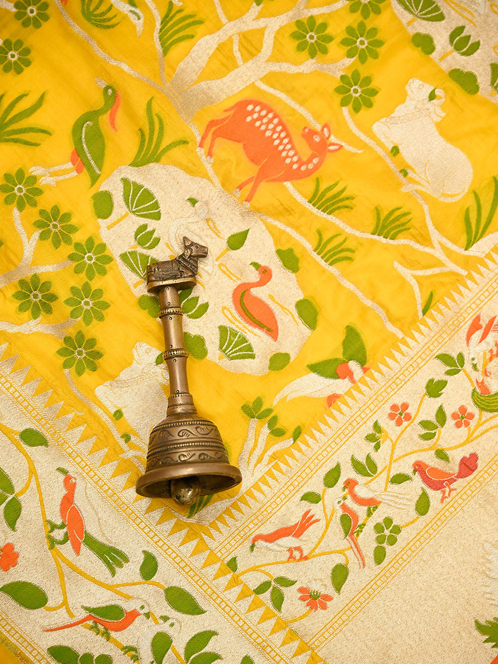 Yellow Shikargah Meenakari Katan Silk Handloom Banarasi Saree - Sacred Weaves