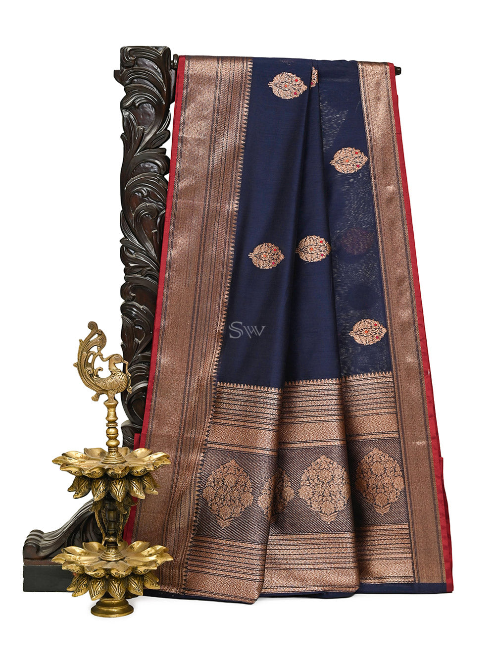 Blue Booti Chanderi Silk Handloom Banarasi Saree - Sacred Weaves