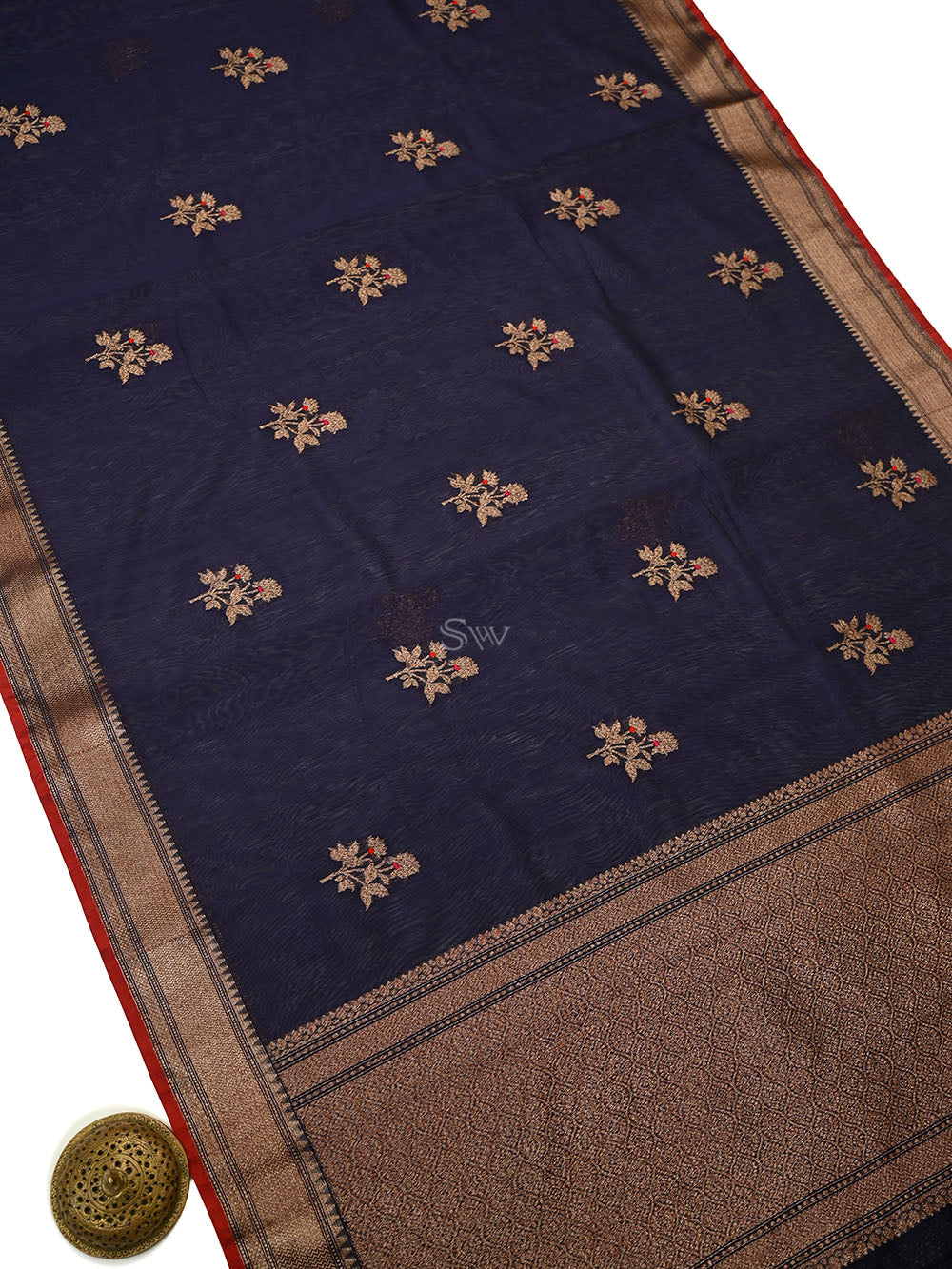 Blue Booti Chanderi Silk Handloom Banarasi Saree - Sacred Weaves