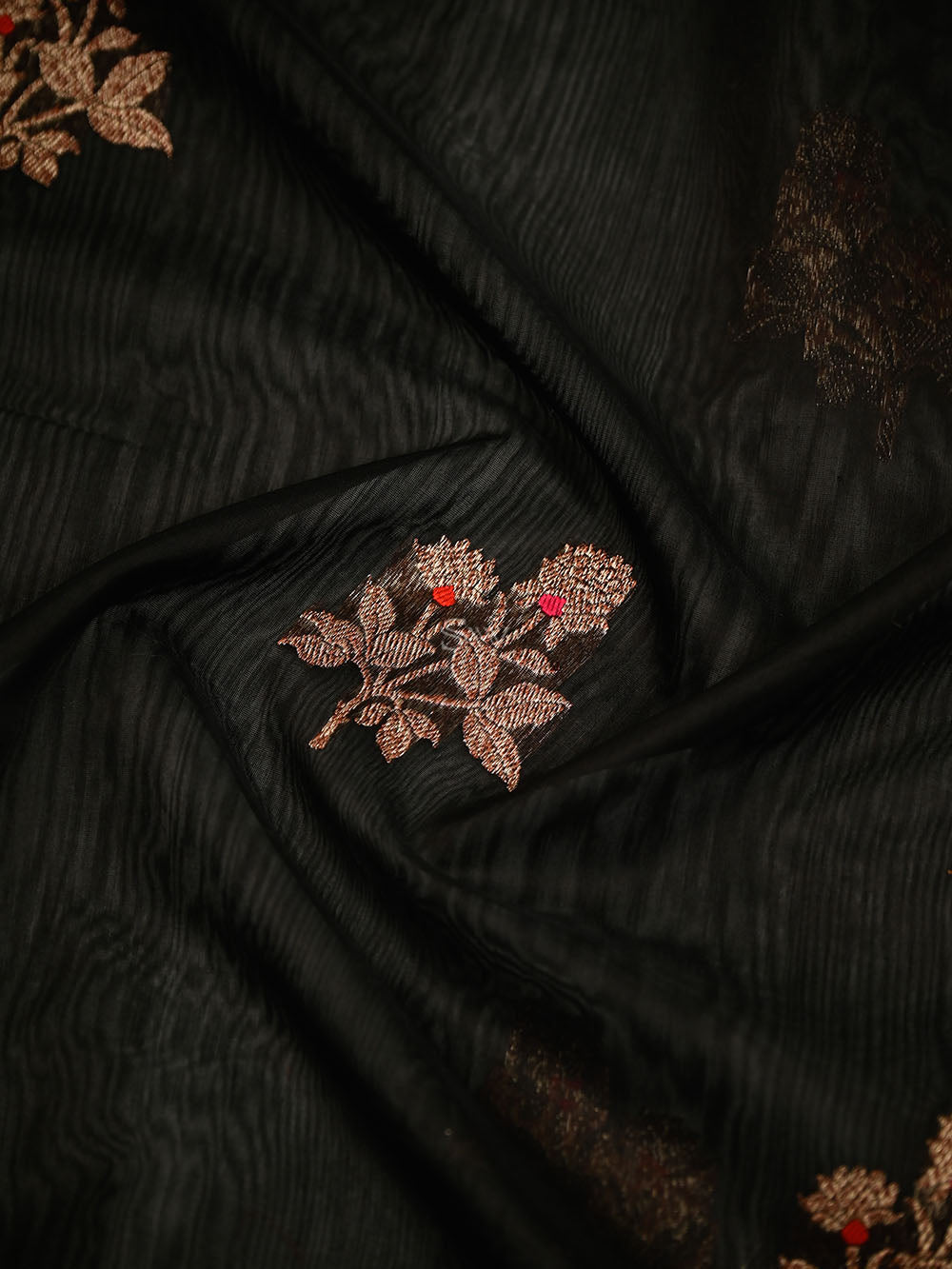 Black Booti Chanderi Silk Handloom Banarasi Saree - Sacred Weaves