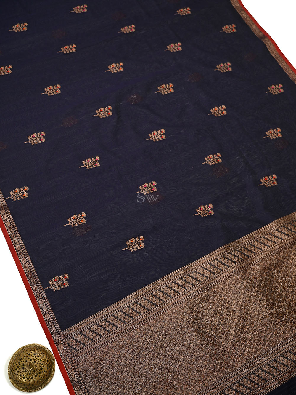 Blue Booti Chanderi Silk Handloom Banarasi Saree - Sacred Weaves