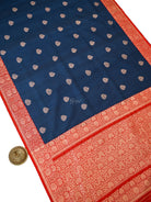 Blue Red Booti Tussar Silk Handloom Banarasi Saree - Sacred Weaves