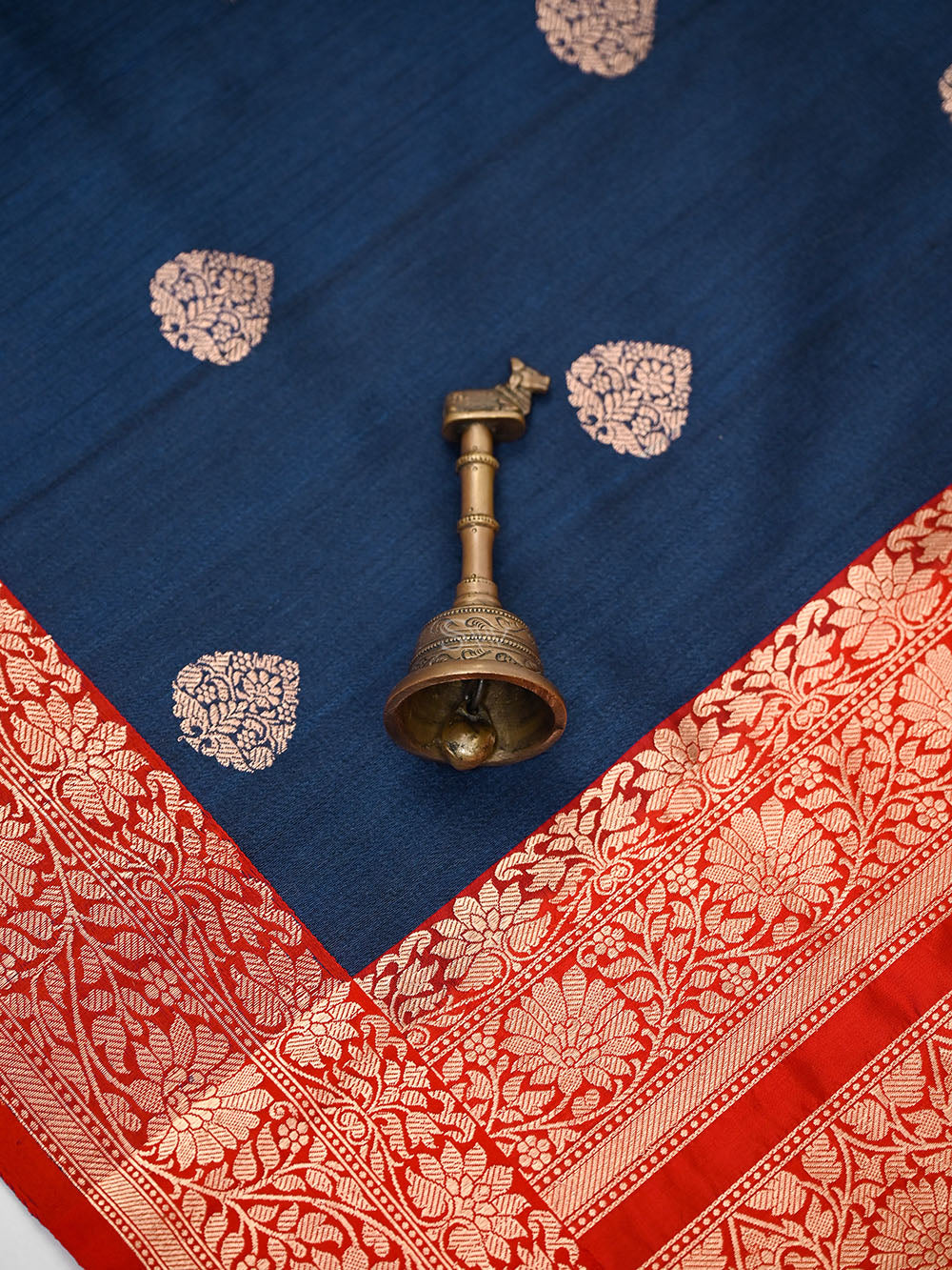 Blue Red Booti Tussar Silk Handloom Banarasi Saree - Sacred Weaves