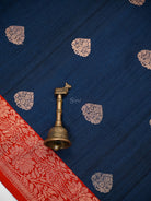 Blue Red Booti Tussar Silk Handloom Banarasi Saree - Sacred Weaves