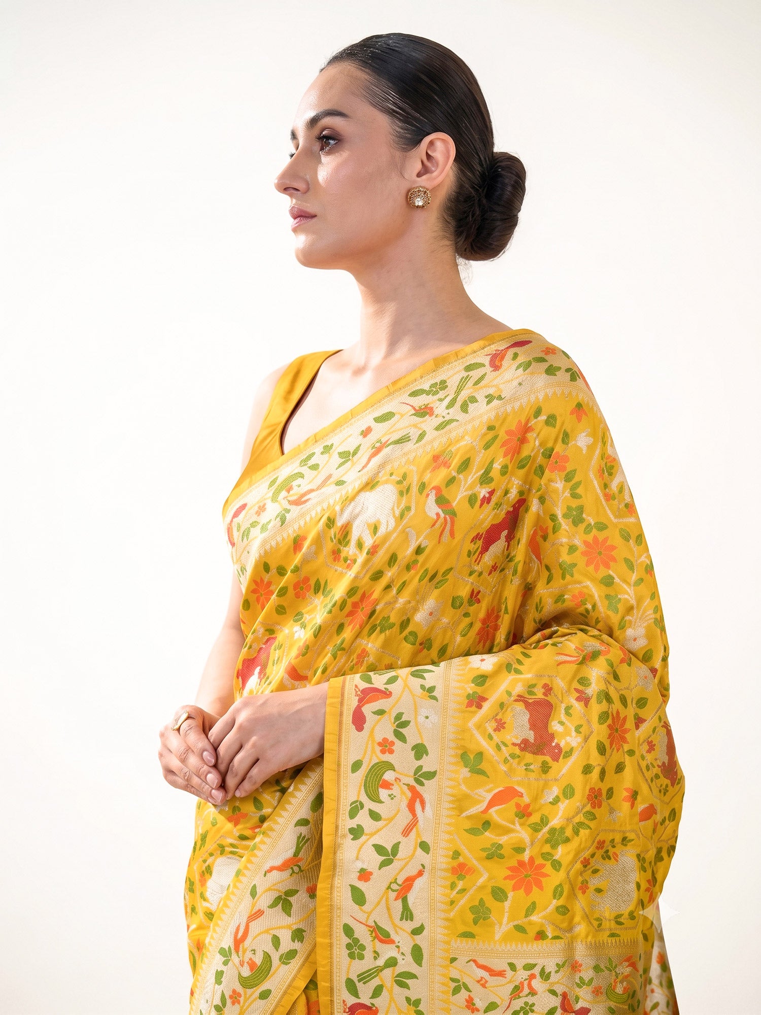 Yellow Shikargah Meenakari Katan Silk Handloom Banarasi Saree - Sacred Weaves