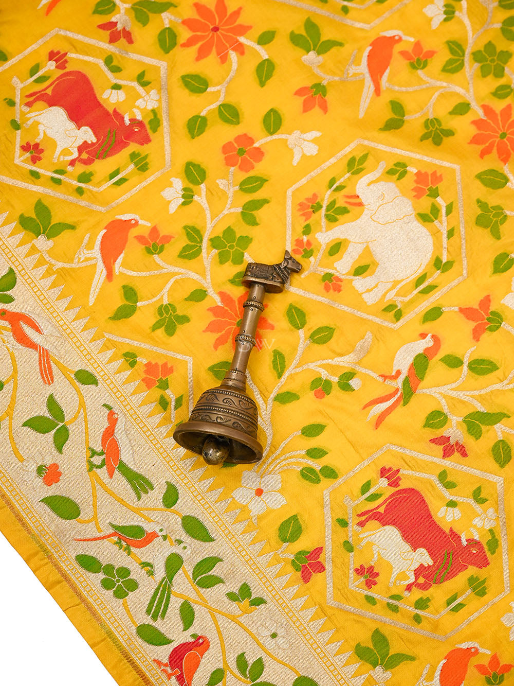 Yellow Shikargah Meenakari Katan Silk Handloom Banarasi Saree - Sacred Weaves