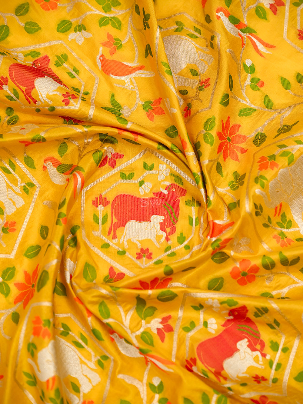 Yellow Shikargah Meenakari Katan Silk Handloom Banarasi Saree - Sacred Weaves