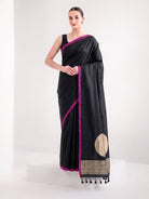 Black Plain Satin Silk Handloom Banarasi Saree - Sacred Weaves