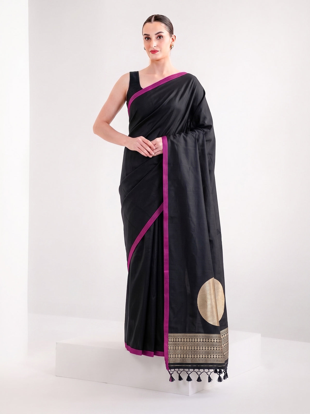 Black Plain Satin Silk Handloom Banarasi Saree - Sacred Weaves