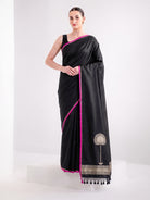 Black Plain Satin Silk Handloom Banarasi Saree - Sacred Weaves