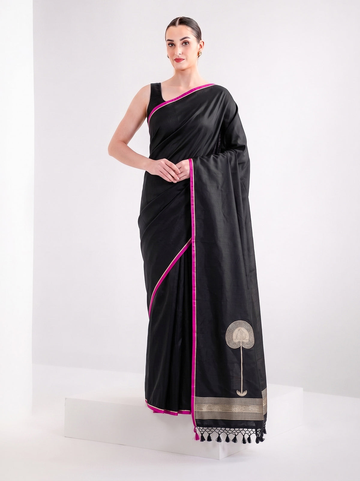 Black Plain Satin Silk Handloom Banarasi Saree - Sacred Weaves