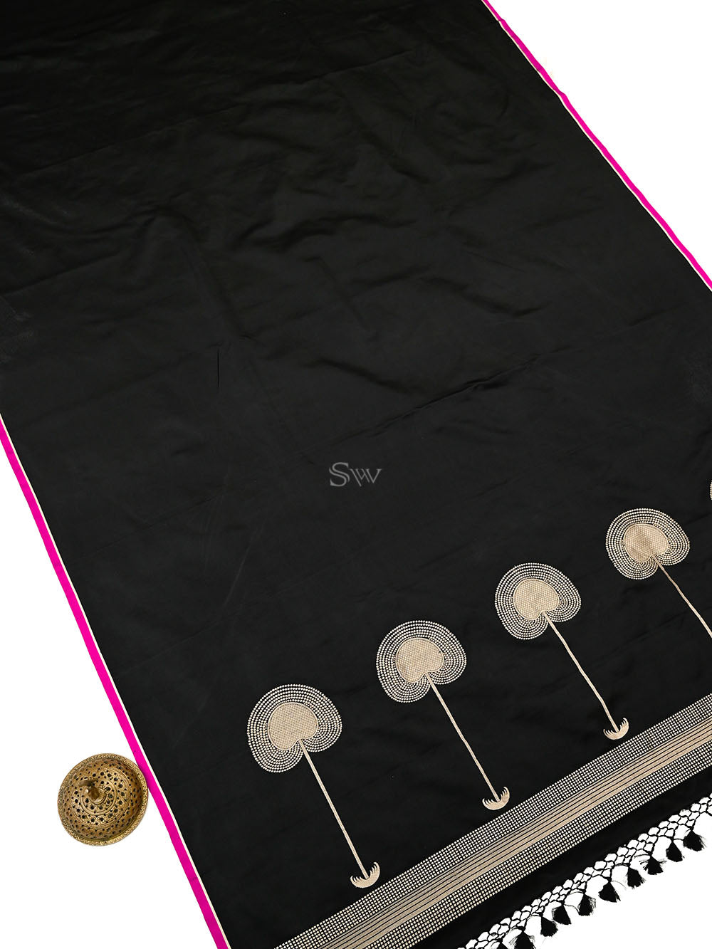 Black Plain Satin Silk Handloom Banarasi Saree - Sacred Weaves