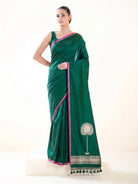 Bottle Green Plain Satin Silk Handloom Banarasi Saree - Sacred Weaves