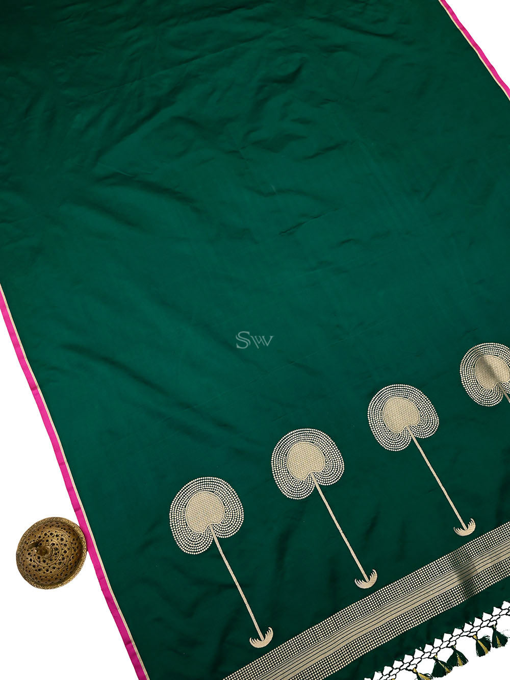 Bottle Green Plain Satin Silk Handloom Banarasi Saree - Sacred Weaves