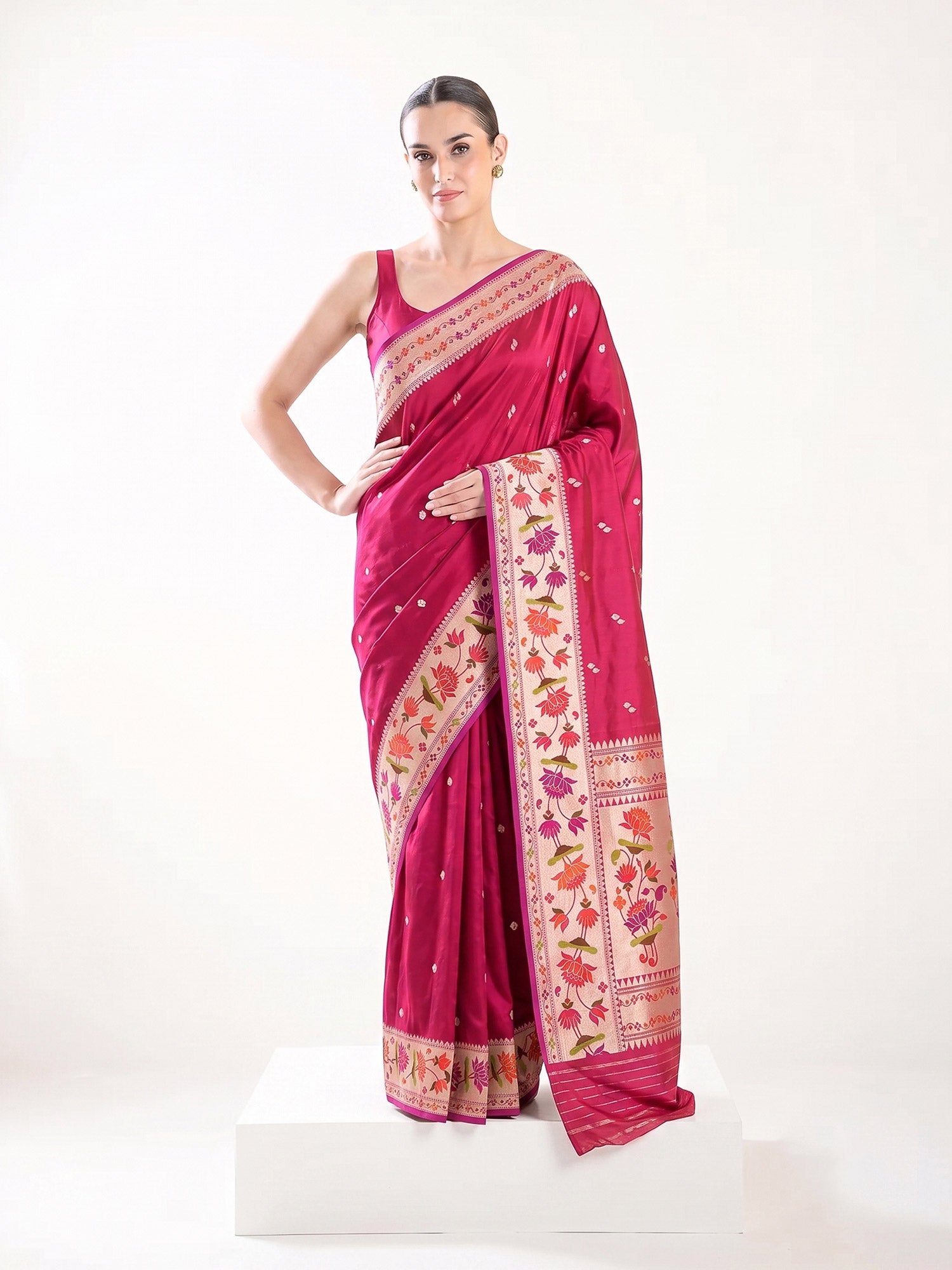 Pink Red Booti Paithani Katan Silk Handloom Banarasi Saree - Sacred  Weaves