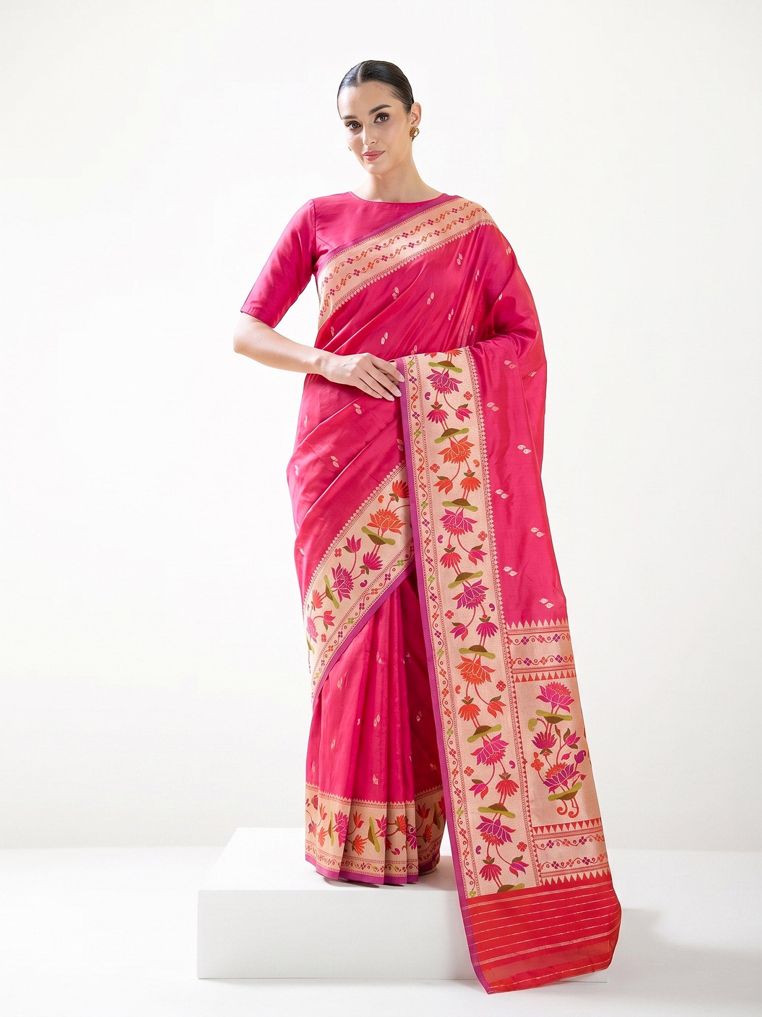 Pink Orange Booti Paithani Katan Silk Handloom Banarasi Saree - Sacred Weaves