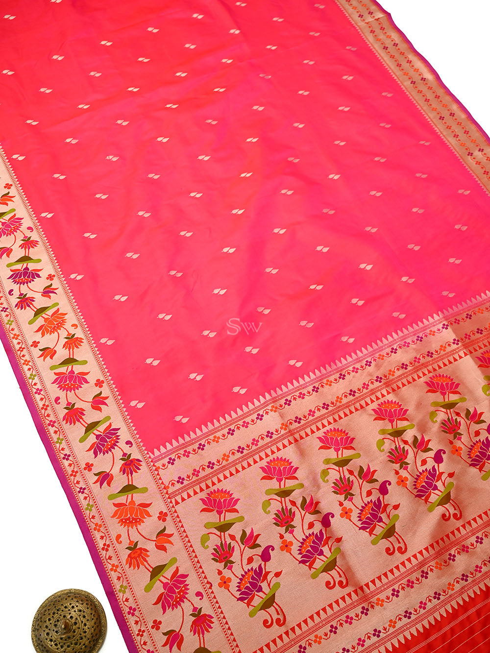 Pink Orange Booti Paithani Katan Silk Handloom Banarasi Saree - Sacred Weaves